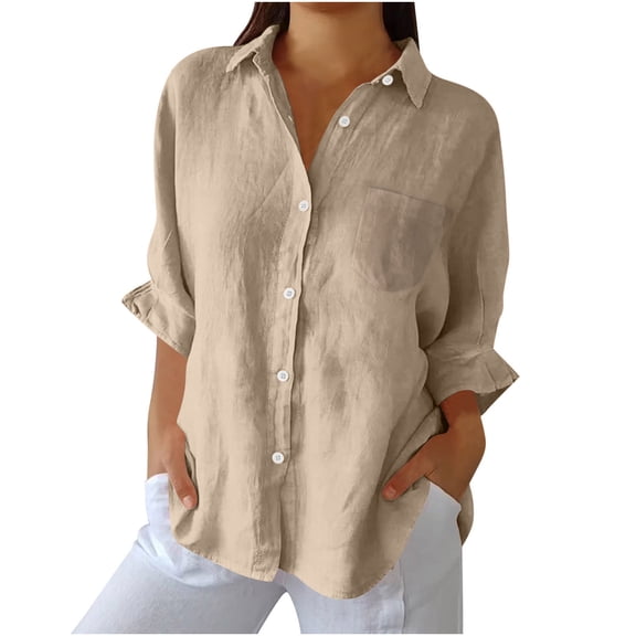 hlysgo Button Down Shirts for Women Cotton Dress Shirts Collared Long Sleeve Wrinkle Free Blouse Tops Khaki,2xL