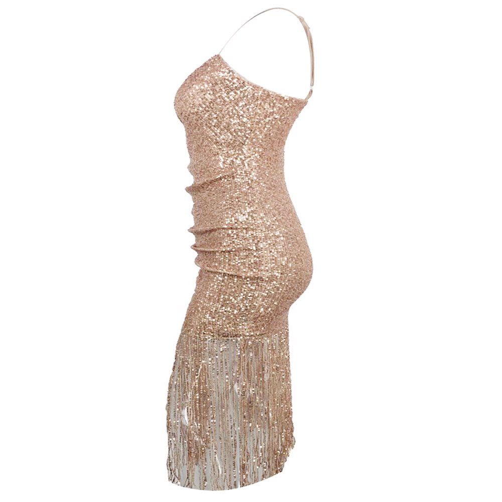 Women s Sequin Fringe V Neck Dress Halter Backless Sparkle Glitter Mini Club Party Dresses Walmart