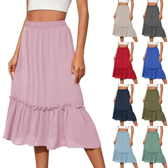 Feancey Summer Skirts for Women 2025 Vacation Midi Skirt with Pockets Elastic Waist Casual Ruffled Skirts Solid Color Flowy Beach Long Skirt Dark Gray L