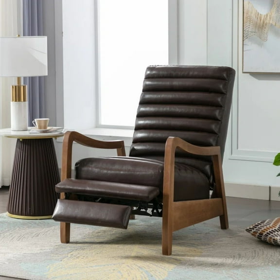 Bestier 26" Accent Chair, Luxurious Oil Wax Leather Recliner for Adults, Upholstered Push Back Reading Chair with Parawood Frame, Brown