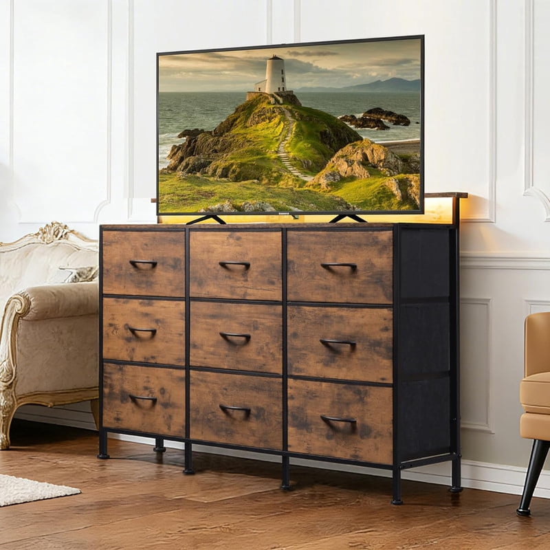 Simenmax TV Stand with 9 Fabric Drawers, Entertainment Center with LED Lights & Charging Station, Media Console for 45-55 inch TV, Brown