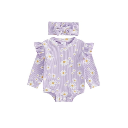 

DcoolMoogl Baby Girl Fall Outfit Daisy Ruffle Long Sleeve Ribbed Romper Headband