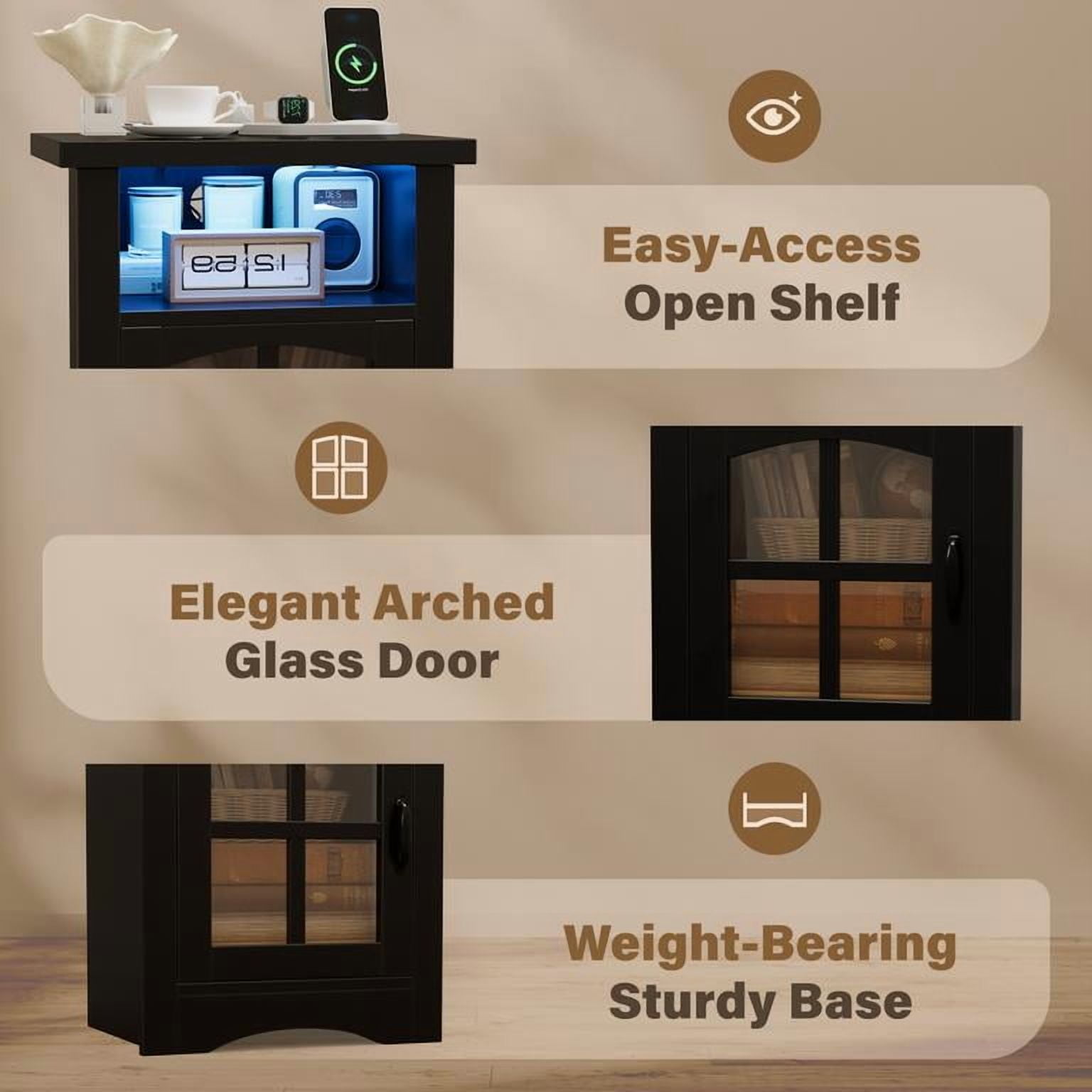 Homall Nightstand with Charging Station & Adjustable LED Lights, End Table Bedside Table with Glass Door & Open Shelf for Bedroom Living Room, Black