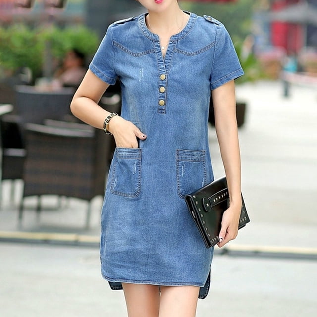 Robe d'Été Robe Femme Mode Manches Courtes Ajustée Col en V Robe Usée Robe en Jean Robes de Cocktail pour Invité de Mariage en Liquidation