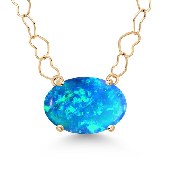 Gem Stone King 14K Yellow Gold Simulated Blue Opal Pendant Necklace for Women | 1.17 Cttw | Gemstone October Birthstone | Oval Cabochon 11X9MM | With 18 inch Chain