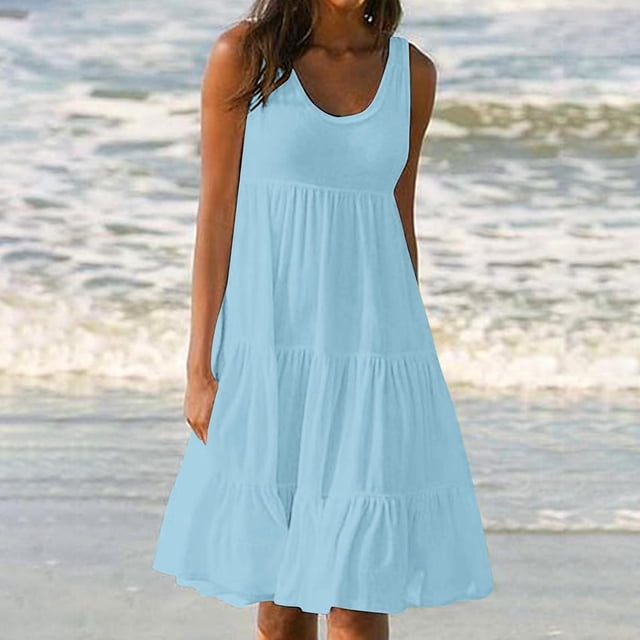 FcBaudy Robes d'Été pour Femmes, Robes pour Femmes, Jupe pour Femmes Robe d'Été pour Femmes à Col Rond Imprimée Sans Manches Robe de Plage pour Femmes Jupe en Coton