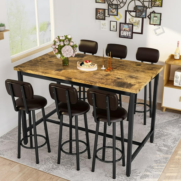 7-Piece Dining Table Set for 6, 50" Wood High-Dining Bistro Set with 6 Backrest Cushion Stools, Saving Space Pub and Chairs Sets for Bar, Kitchen, Brown