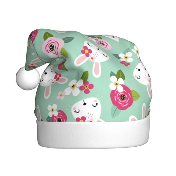 Haiem Bunny And Rose Pattern Santa Hat Confortable Velvet Christmas Hat for Christmas Party Favors Fit for Adults Men Women