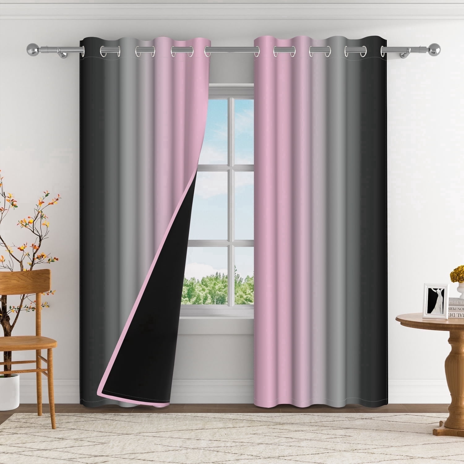 Aofoto Pink Grey Black Blackout Curtains for Girls Living Room, Room Darkening Abstract Window Drapes Treatments With Grommet, 2 Panels, 42"x84"