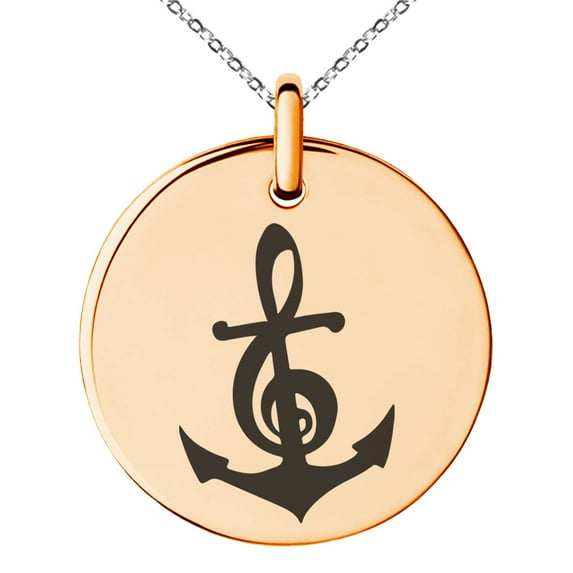 Stainless Steel Nautical Music Is My Anchor Treble Clef Engraved Small Medallion Circle Charm Pendant Necklace