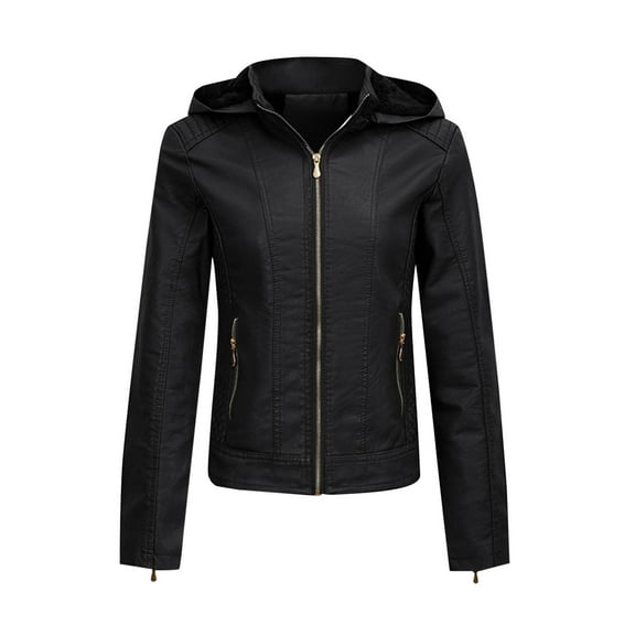Scyoekwg Womens Zip Up Leather Jackets Hooded Fall Jacket Long Sleeve Winter Warm Coats Casual Slim Short Outerwear (Black,XS)