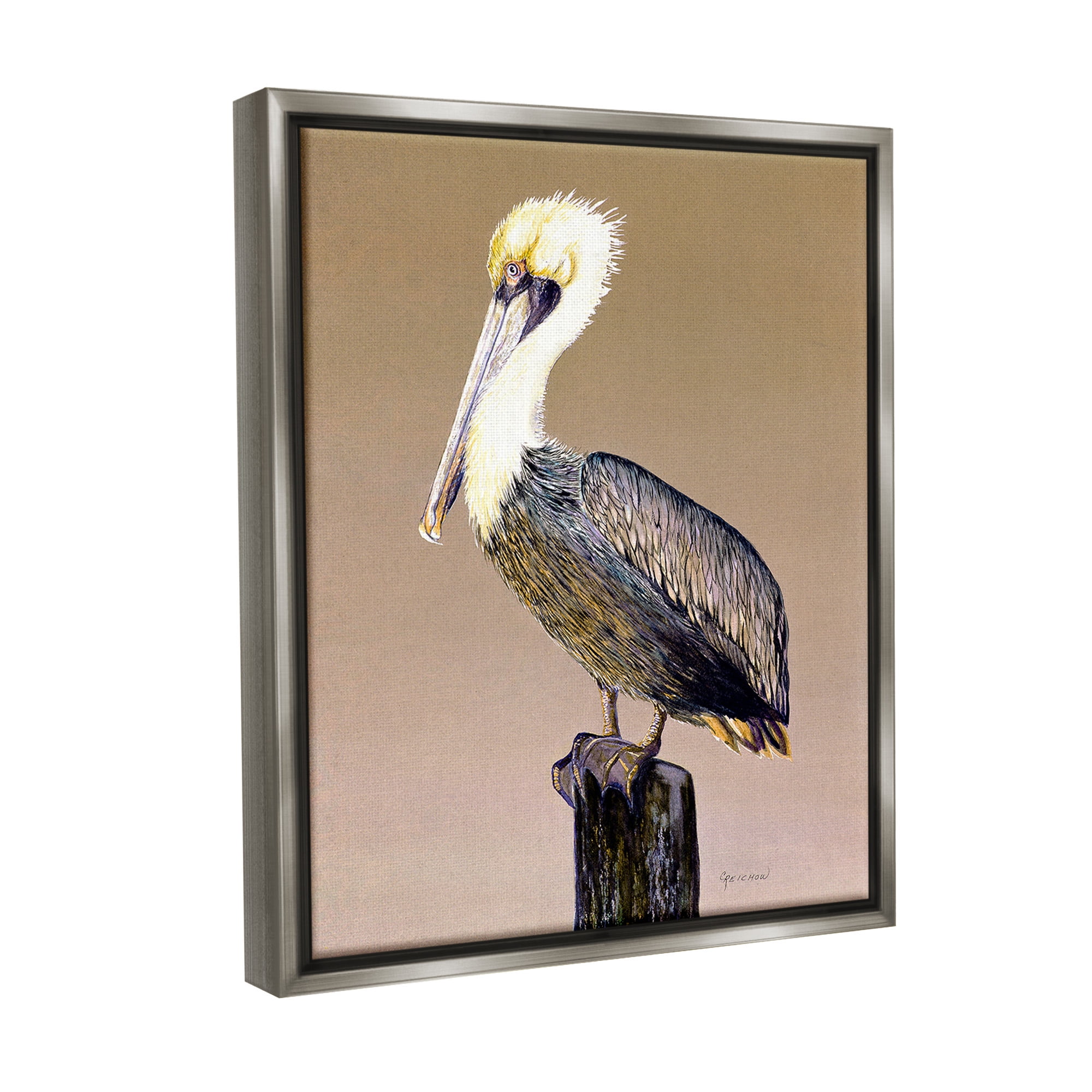 Stupell Industries Pelican on Perch Animals & Insects Painting Gray Floater Framed Canvas Art Print Wall Art, 25 x 31