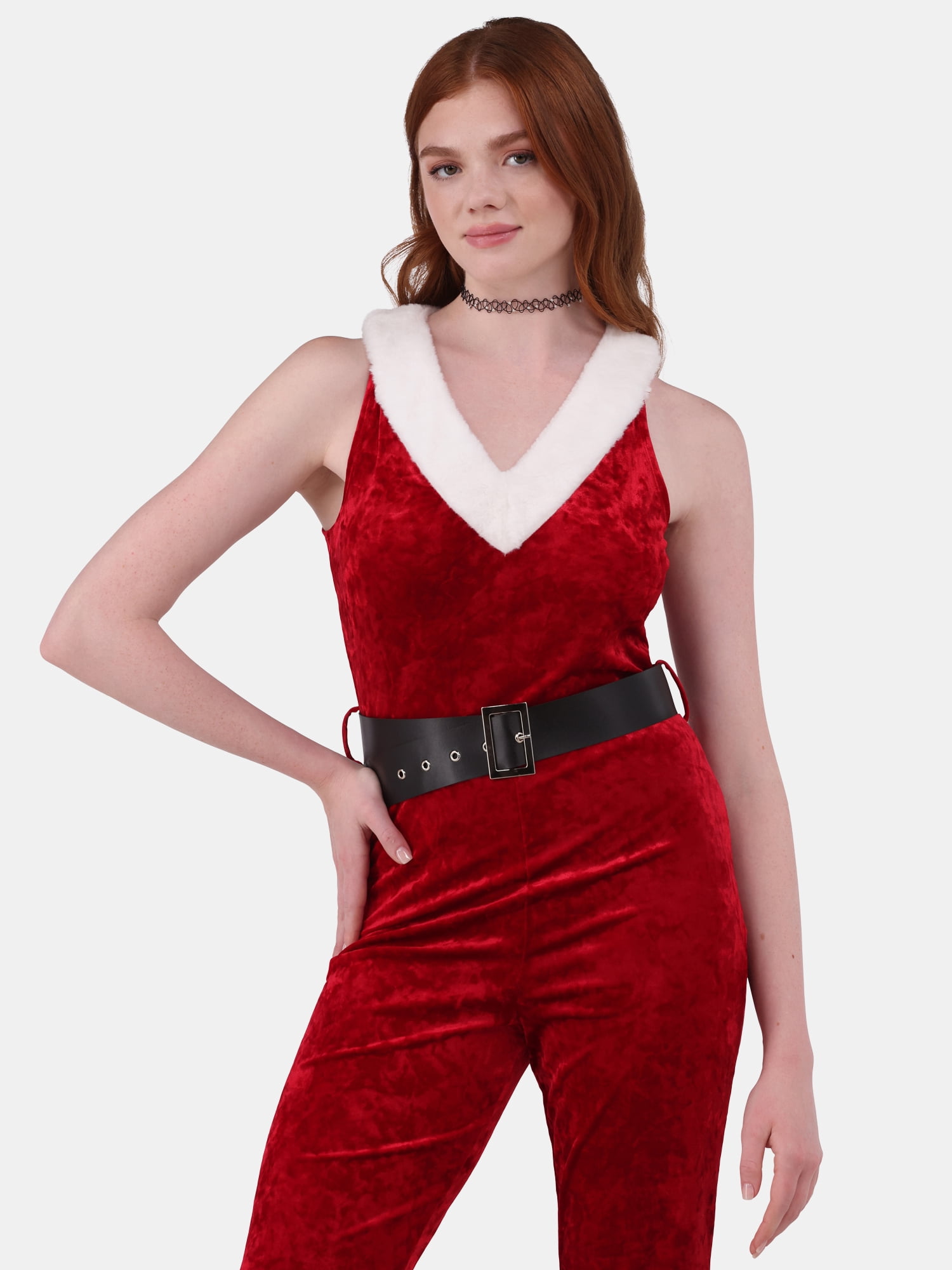 No Boundaries Sleeveless V-Neck Santa Jumpsuit, Women's