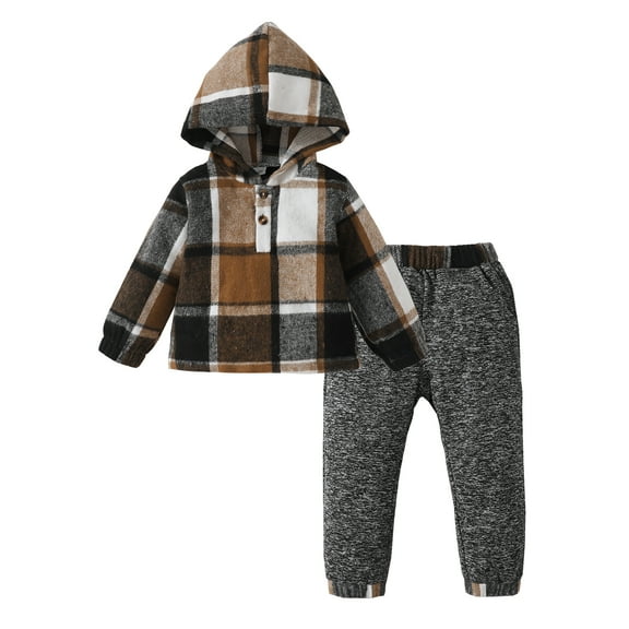 18 Months Baby Boys Clothes 24 Months Boys Fall Winter Pant Set Toddler Boys Long Sleeve Hooded Plaid Top Pants 2PCS Set Gray