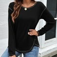 thumbnail image 3 of Women's Tunic Tops Solid Color Round Neck Loose Button Irregular T-Shirt Long Sleeve Side Blouses Tops, 3 of 5
