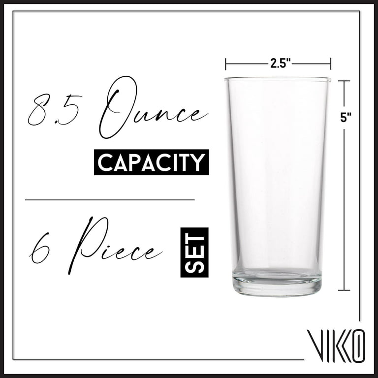 Vikko 8.5 Ounce Classic Highball Drinking Glasses | Thick and Durable - Heavy Base - Dishwasher Safe - for Water, Juice, Soda, or Cocktails - Set of 6