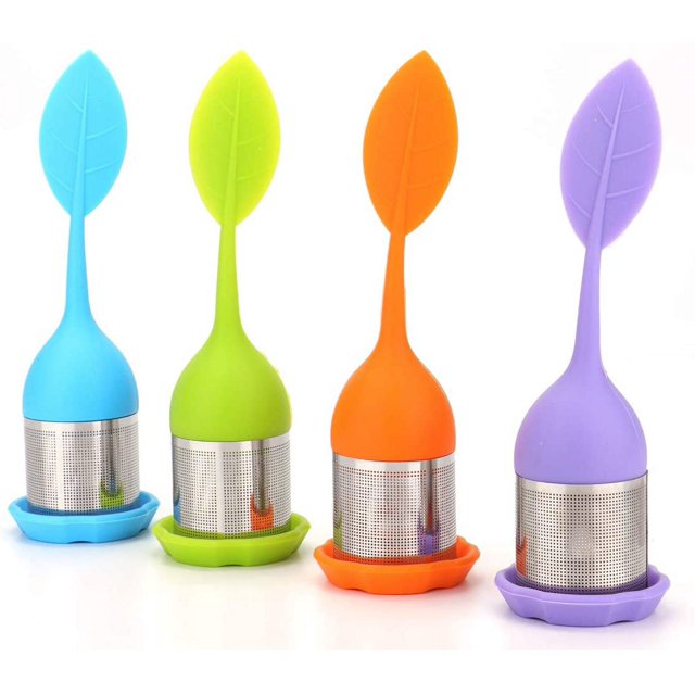 Infusor de té de malla ultrafina para hojas de té a granel colador de té de acero inoxidable con mango de silicona sin BPA y bandeja de goteo para tazas, tazas, teteras, paquete de 4 Ormromra DCF406