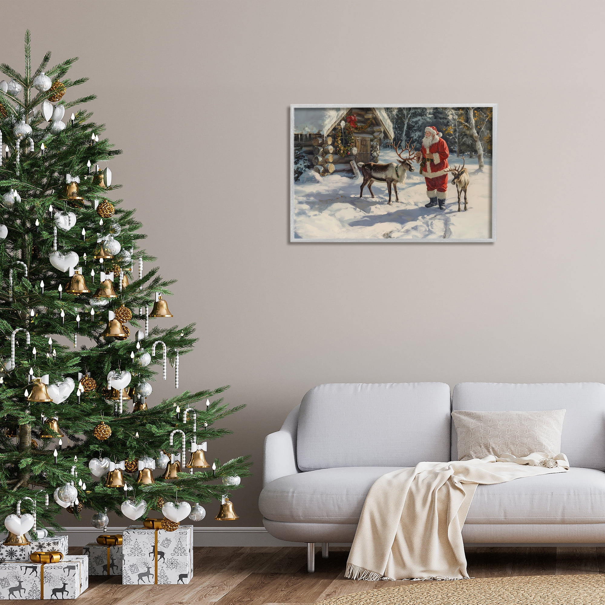 Stupell Industries Santa & Reindeer Scene Holiday Painting Gray Framed Art Prints Wall Art, 30 x 20