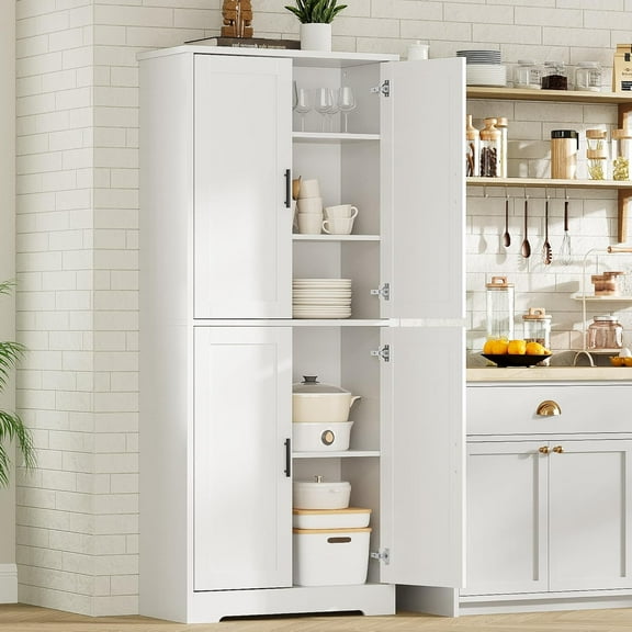 70-Inch Tall Kitchen Pantry Cabinet with 4 Doors and Adjustable Shelves, Freestanding Utility Hutch Cupboard, White