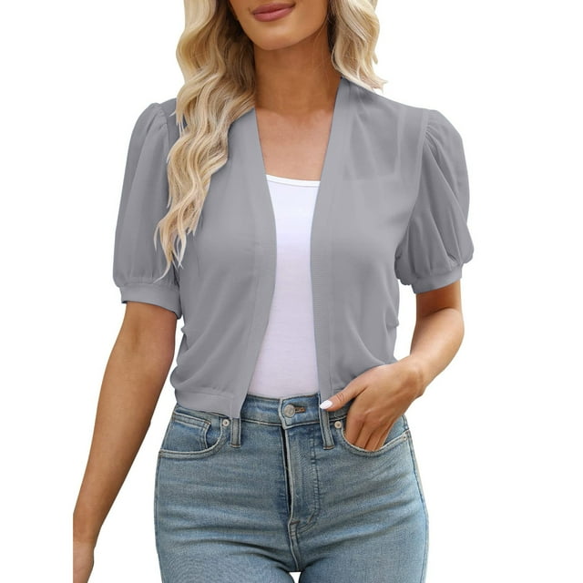 2025 Cardigan Boléro à Manches Bouffantes pour Femmes, Col Ouvert, Court d'Été, Cardigans pour Femmes, Vestes Transparentes