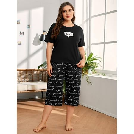 

Women s Plus Heart And Letter Graphic Pajama Set 4XL(20) Black Casual F22001D