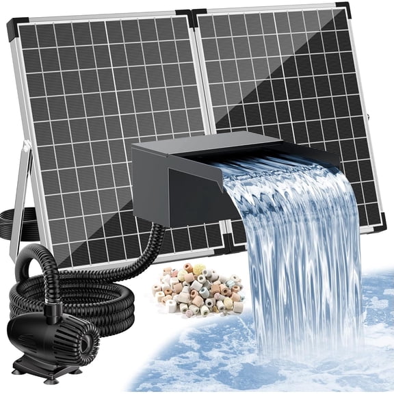 POPOSOAP 55W Solar Powered Pond Waterfall Box Kit, 12 Inch Stainless Steel Spillway with 9.8FT PU Tubing & Pump, Easy-to-Install DIY Outdoor Water Feature for Modern Gardens