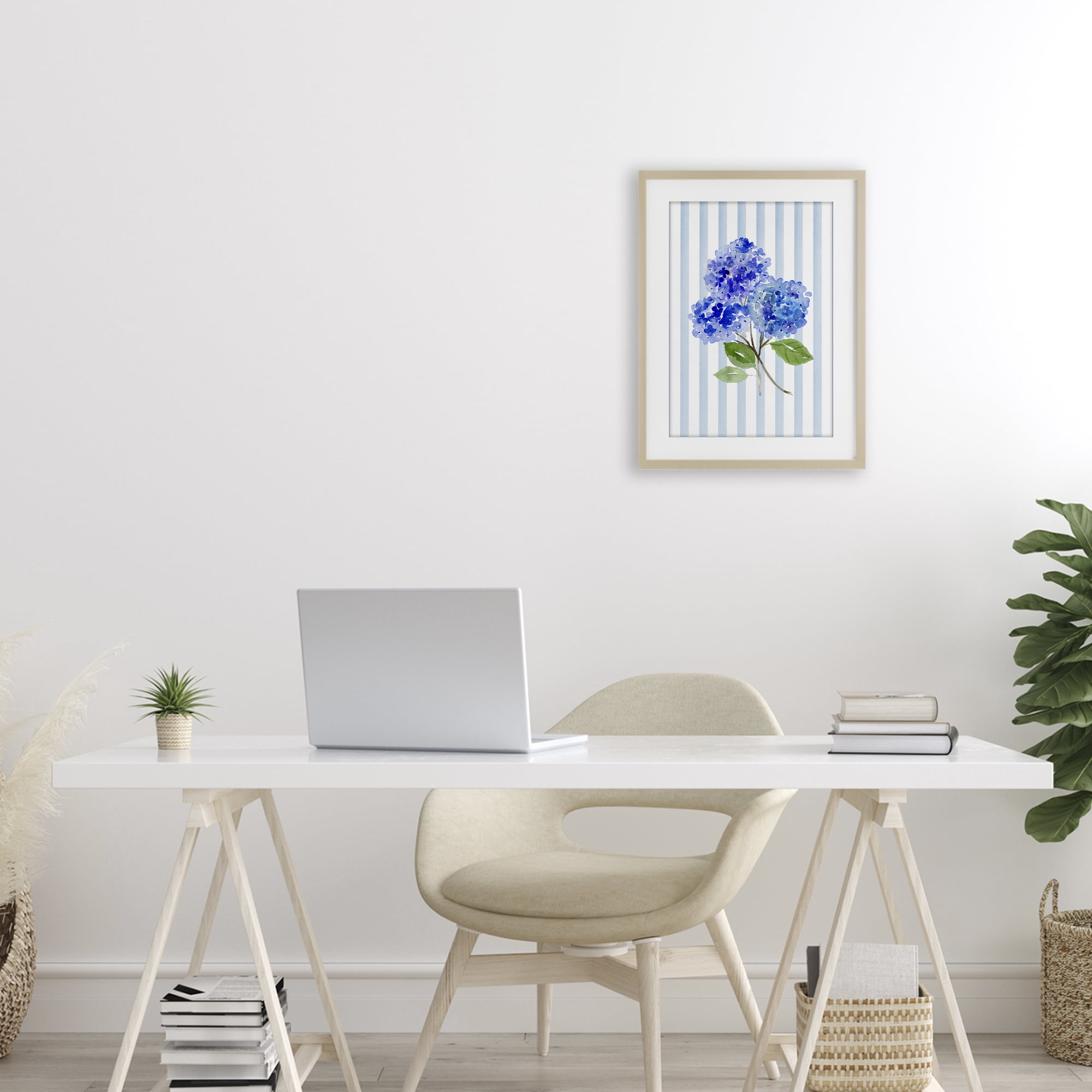 Stupell Industries Blue Hydrangeas over Stripes Birch Framed Print Under Glass, design by Corinne Haig