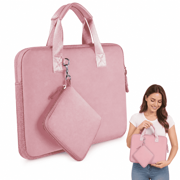 Womens 13.3 Inch Pink Laptop Carrying Case, Computer Sleeve with Handle, Detachable Accessory Pouch, Briefcase Work Bags for Travel Office Storage