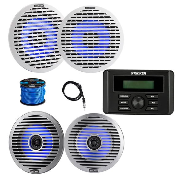 Kicker 46KMC3 Marine Gauge Style USB Bluetooth AM/FM Media Center Receiver, 4x 6.5" 130 Watt Peak Thin-Mount Multicolor LED Boat Audio Speakers with 4x White Grilles, 4x Silver Grilles, Wire, Antenna
