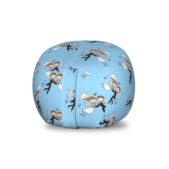 Wedding Storage Toy Bag Chair, Newlywed Elves Flying from Happiness Love Marriage the Bride and Groom, Stuffed Animal Organizer Washable Bag, Large Size, Pale Sky Blue and Black, by Ambesonne