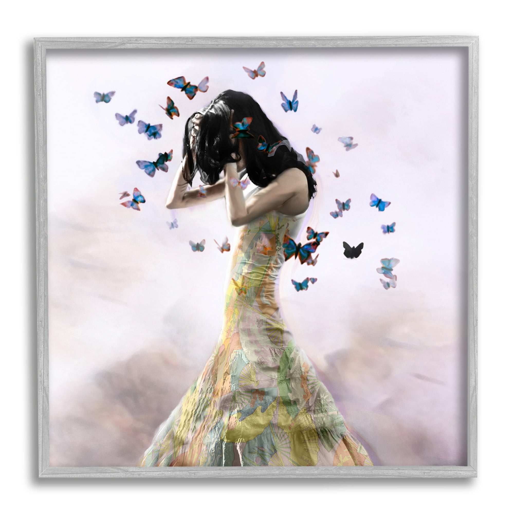 Stupell Industries Ethereal Woman Yellow Gown Flying Blue Butterflies Framed Wall Art, 17 x 17, Design by Christopher Cuseo