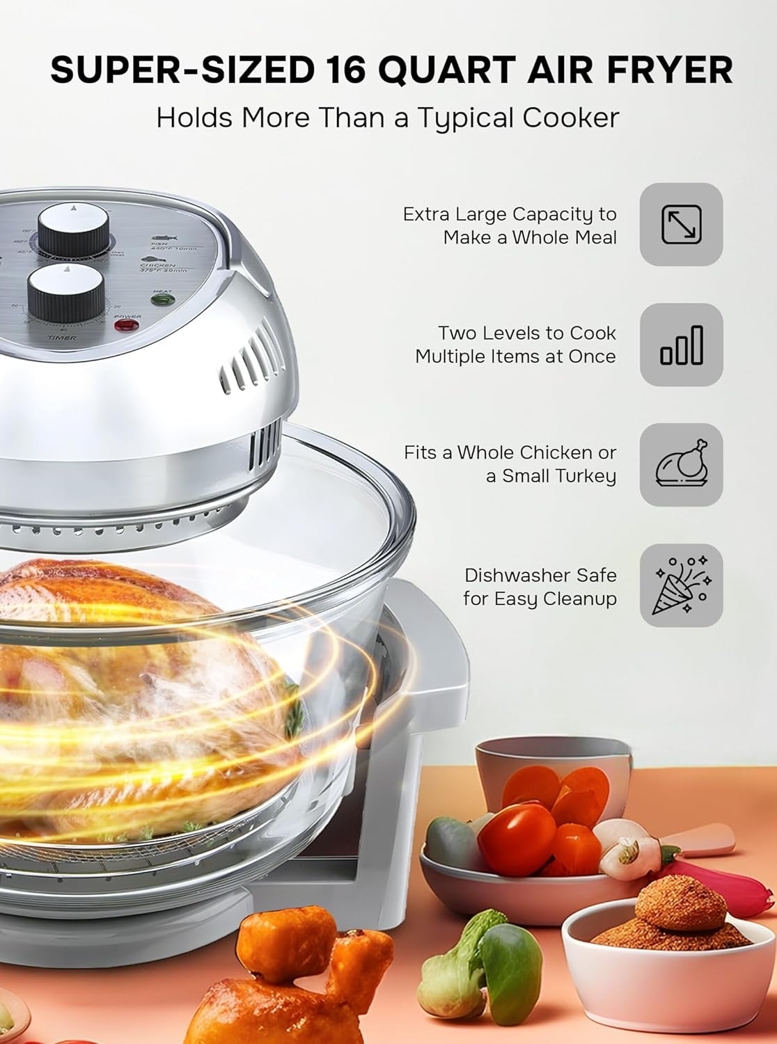 Big Boss 16Qt Large Air Fryer Oven with 50 Recipe Book AirFryer Oven Makes Healthier Crispy Foods Silver