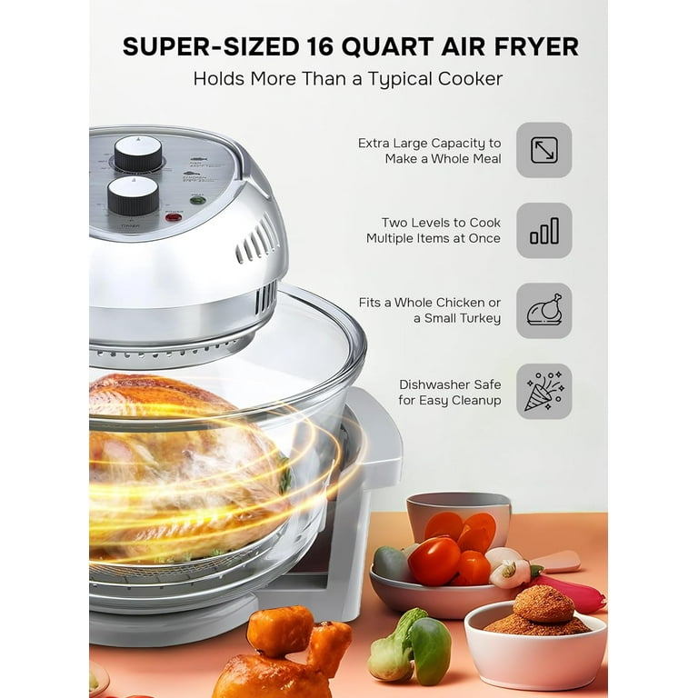 Big Boss Air Fryer Toaster Oven Combo 16Qt Kitchen Countertop Convection Rotisserie 1300W Large Glass Bowl Silver