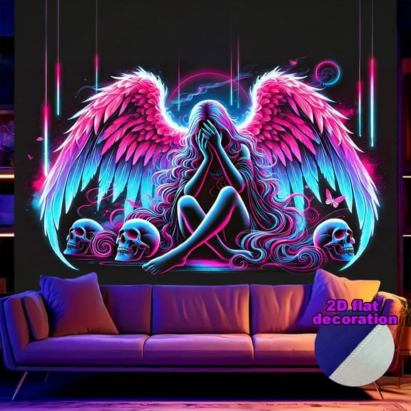 1Pc Blacklight Wing Tapestry Skull Night Tapestries for Bedroom Aesthetic Depressed Angel Tapastry Wall Hanging Glow in The Dark Wall Tapestry for Living Room Dorm 70'' × 90''