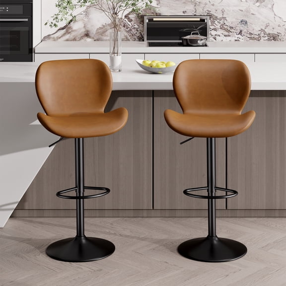 Bar Stools Set of 2, PU Leather Upholstered Counter Height Bar Stools with Backrest, Adjustable Height 360° Swivel Barstools with Footrest for Kitchen Island, Brown