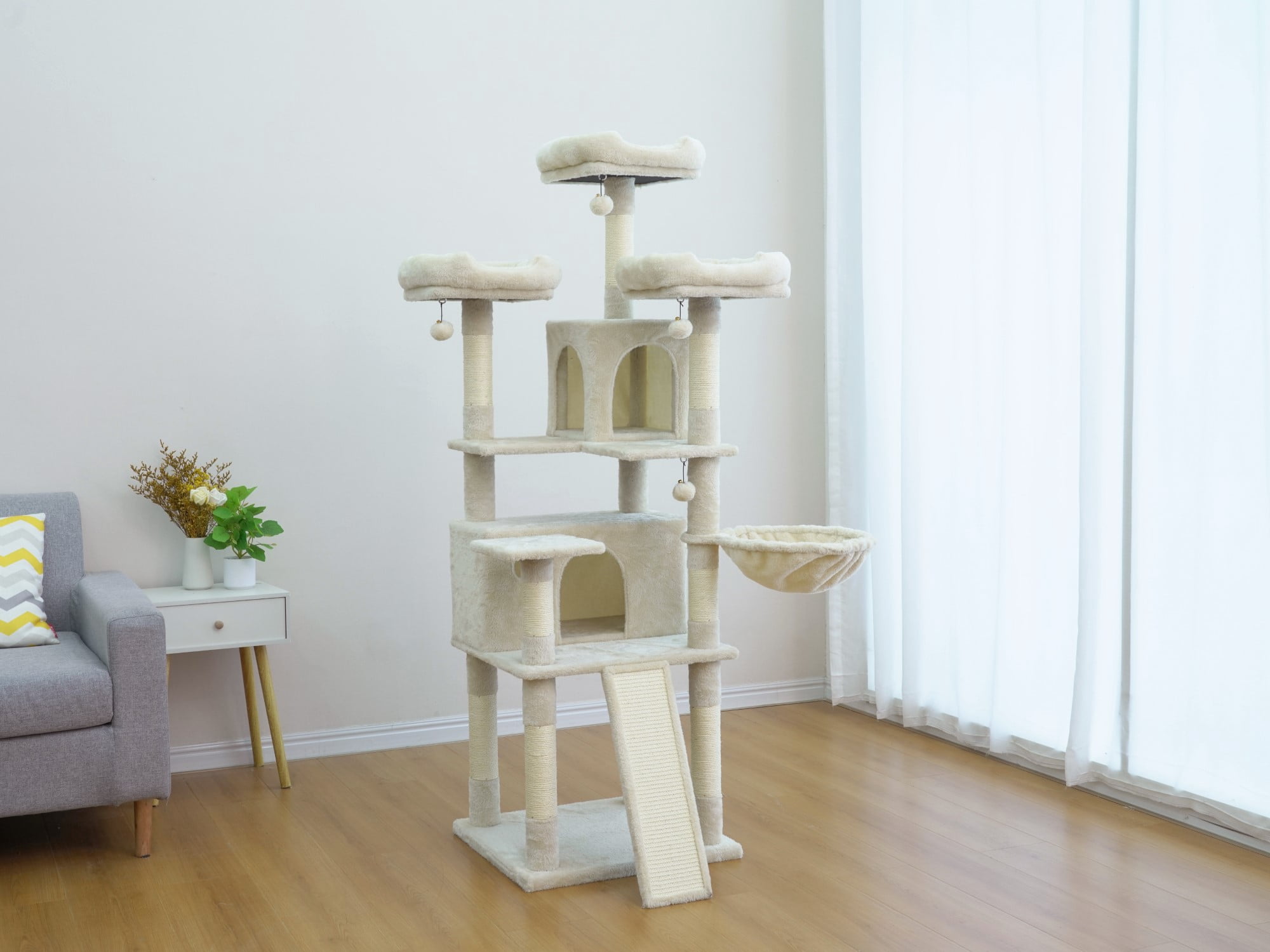 Vibrant Life Heavy Duty 7-Level 67" Cat Tree with Scratch Ramp, Hammock, and Two Condos, Beige