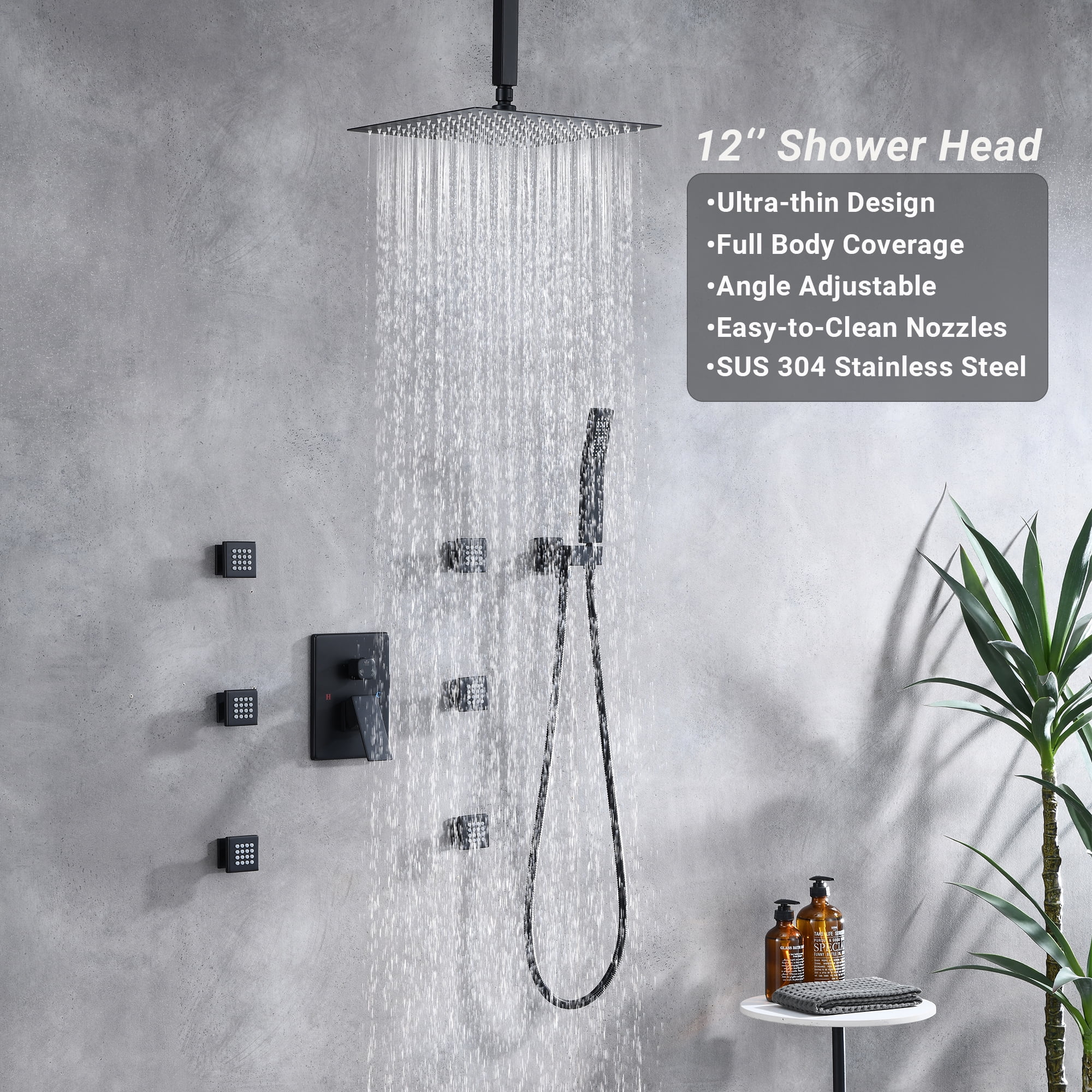 Full Body Shower System with Body Shower Spray Jets, 12'' Ceiling Shower Head System with Jets & Hand Shower, Matte Black Rain Shower System Faucet Set with Jets & Valve
