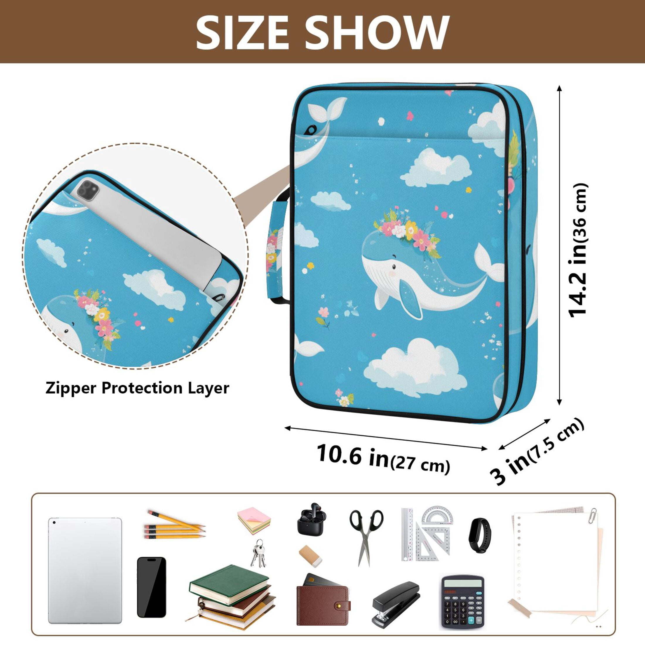 Cute Whales with Garlands Clouds Accordion File Organizer Expanding File Folder 3-Ring Binder Bag 500 Sheets A4 Size