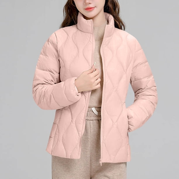Parkas de manga larga para mujer, chaqueta ligera de plumón de invierno, estilo corto, cuello alto, chaqueta cálida de manga larga, chaqueta de manga larga, parte superior de poliéster para mujer