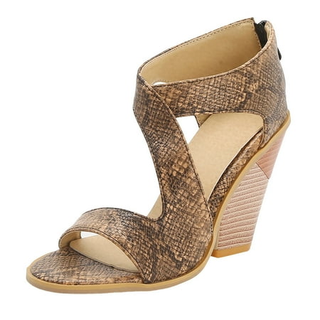 

Womens Snake Print Open Toe Wedges Thick Bottom Rear Zipper Shoes Roman Sandals