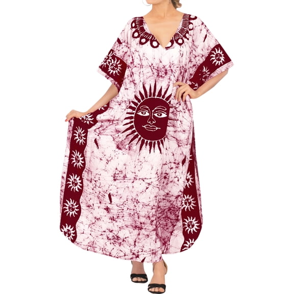 HAPPY BAY Women's Summer Loose Caftan Long Boho Sleepwear Loungewear Dashiki House Dress 2X-3X Burgundy_AC235