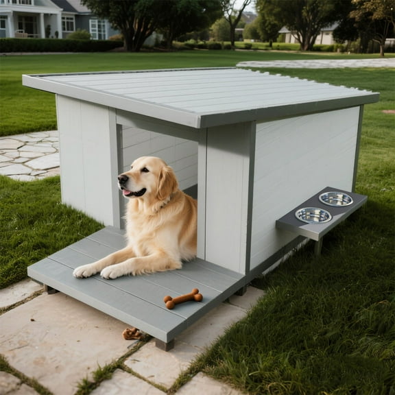 YIYADO Outdoor Dog House with Wheels & Food Bowl, Waterproof Solid Wood Dog House for Large Dogs, Modern Portable Dog Shelter for Backyard