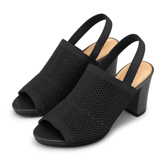 LuckLilac Women's Knit Block High Heels Elastic Slingback Fishmouth Open Toe 3 inch Heeled Sandals,Blcak,8M