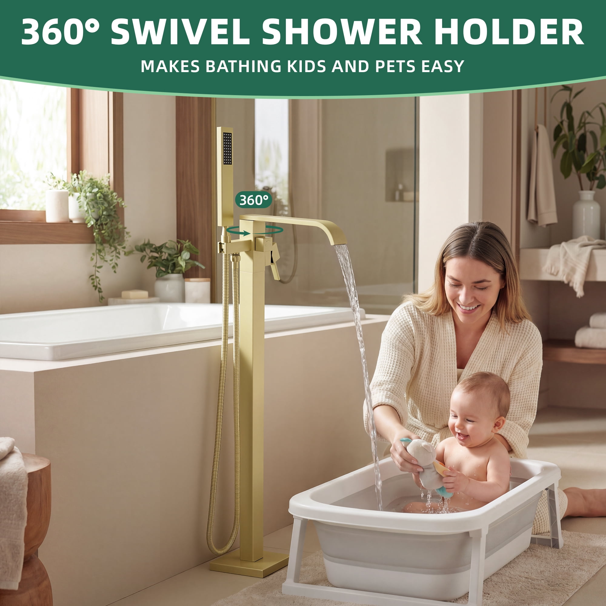 Free Standing Tub Faucet, High Flow Freestanding Bathtub Faucet with Waterfall Spout & Handheld Shower, 360°Swivel Tub Filler, Brass Body, Brushed Gold