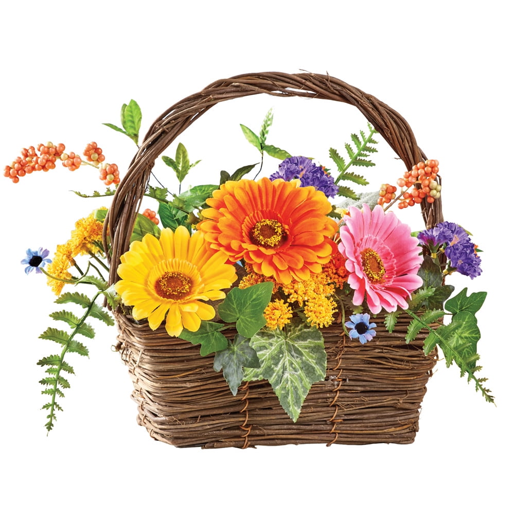 Colorful Gerbera Daisy Basket Tabletop Centerpiece with Greenery
