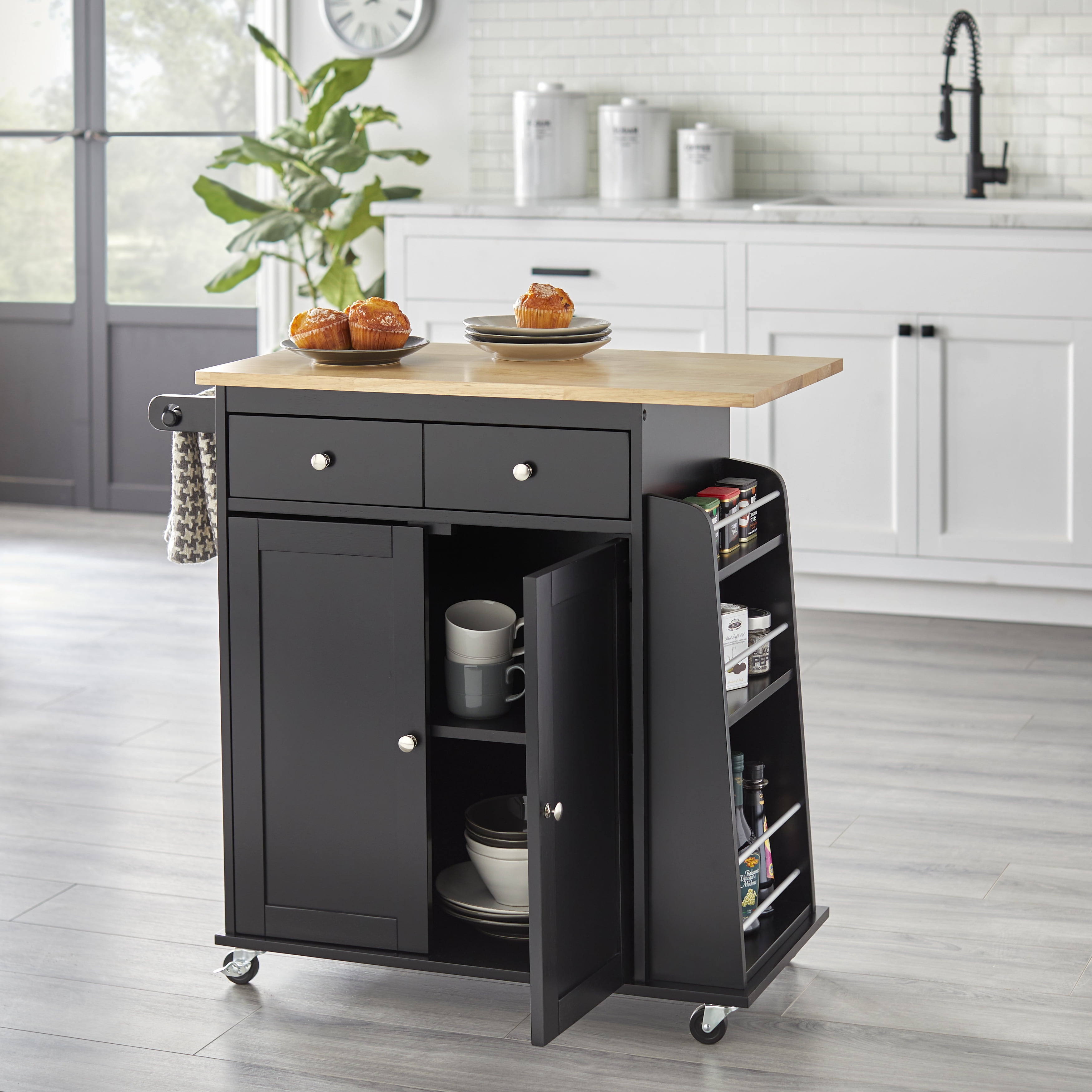 TMS Sonoma Buther Block Rolling Kitchen Cart with Adjustable Shelves, Drawer, Towel Rack, and Spice Rack, Black