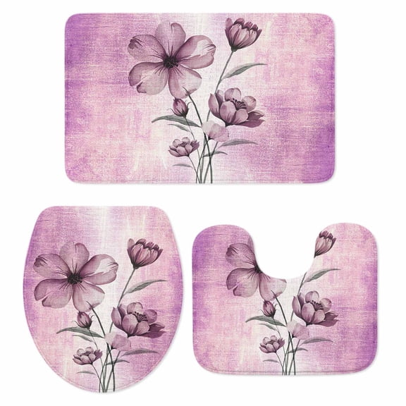 Pink Floral Bath Mat 3 Piece Bathroom Rug Set, Vintage Botanical Gradient Pastel Painting Non Slip Bath Rug Contour Mat and Toilet Lid Cover, Absorbent Shower Mats Soft Bath Rugs and Mats Sets