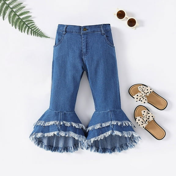 Coerni Toddler Baby Girl Kids Flared Denim Pants Ruffled Wide Legs Ripped Jeans High Waist Bell Bottoms Casual Clothes
