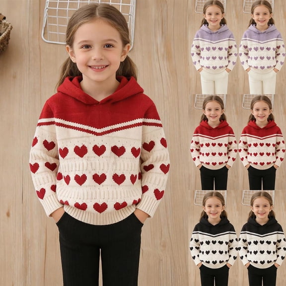 Cowsor Girls Color Block Heart Printed Hooded Sweater Long Sleeve Pullover Warm Top for 1-12 Years Old Winter Daily Wear