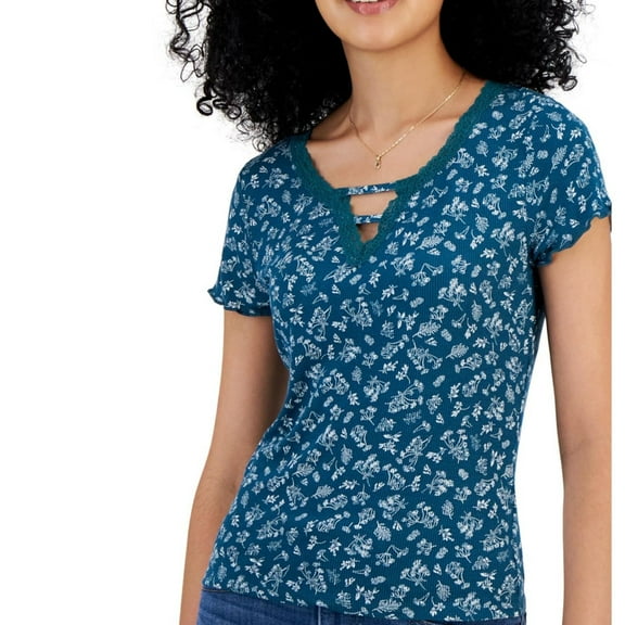 Hippie Rose Womens Floral Graphic T-Shirt, Blue, Juniors, Medium